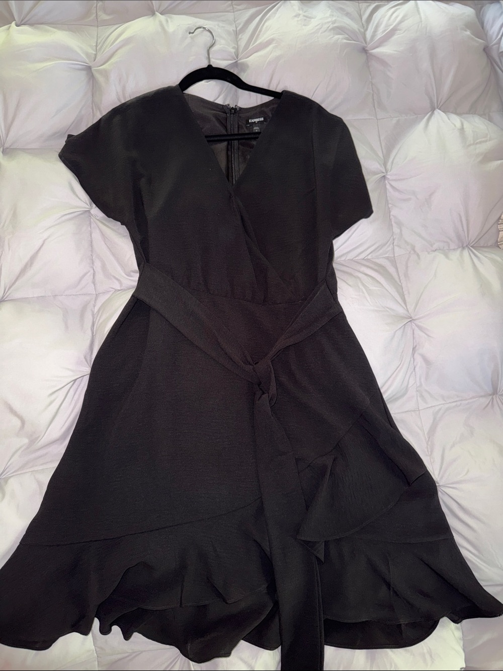 Express Black Wrap-Style Mini Dress with Ruffle Hem